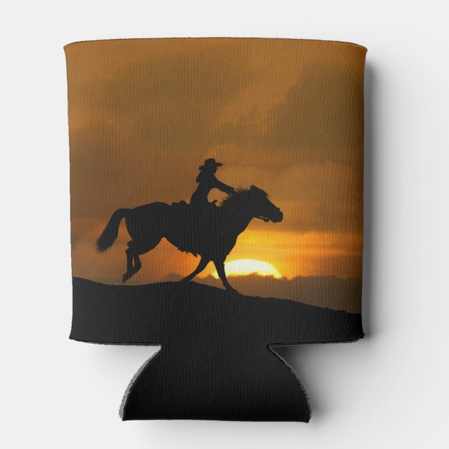 Cowgirl and Horse Riding in Sunset Can Cooler (Back)