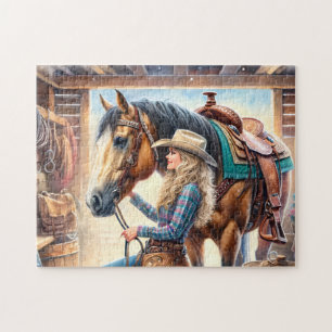 Cowgirl and Horse Rustic Western Barn Jigsaw Puzzle