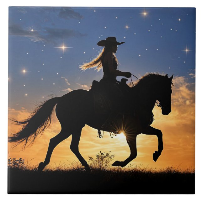 Cowgirl and Horse Sunset Fantasy Country Western Tile (Front)