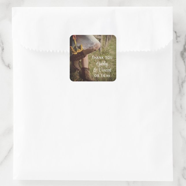 Cowgirl and Sunflower Western Wedding Thank You Square Sticker (Bag)
