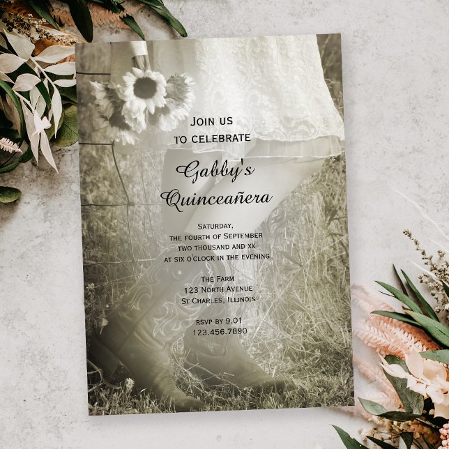 Cowgirl and Sunflowers Country Quinceañera Party Invitation (Creator Uploaded)
