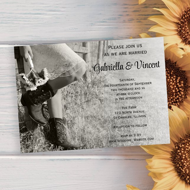 Cowgirl and Sunflowers Country Ranch Wedding Invitation (Invite guests to your farm marriage with the charming Cowgirl & Sunflowers Ranch Wedding Invitation.)