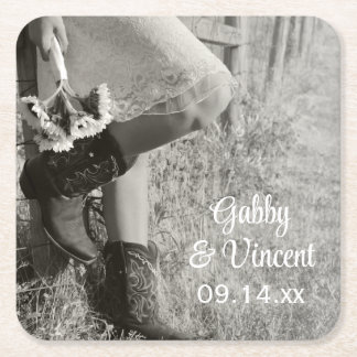 Cowgirl and Sunflowers Country Wedding Square Paper Coaster