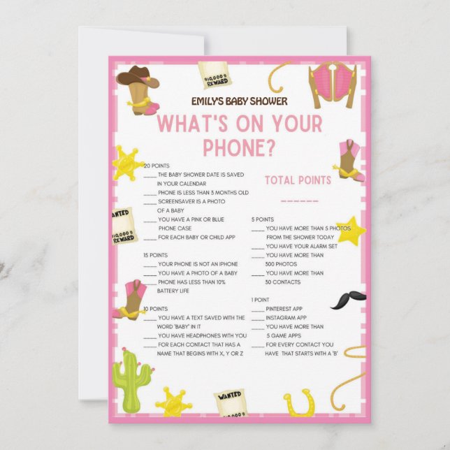 Cowgirl Baby Shower Game - Editable Name, 5x7 size Invitation (Front)