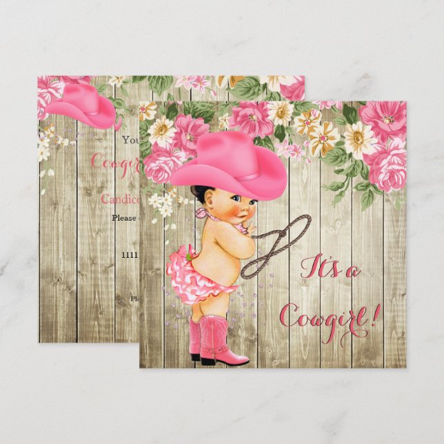 Cowgirl Baby Shower Pink Boots Floral Brunette Invitation (Front/Back)