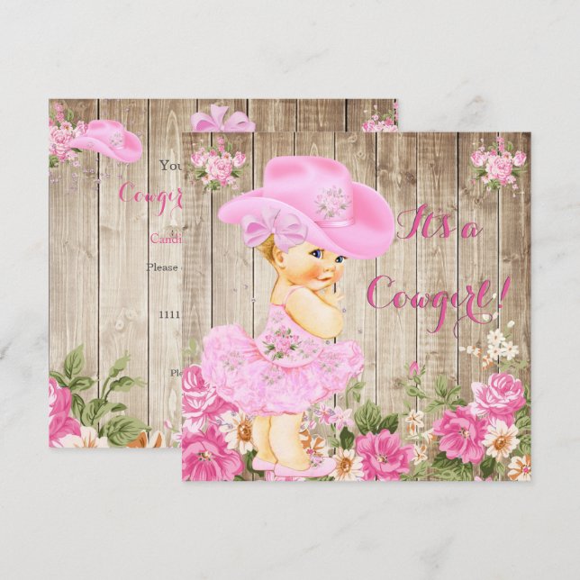 Cowgirl Baby Shower Pink Rustic Wood Girl Blonde Invitation (Front/Back)
