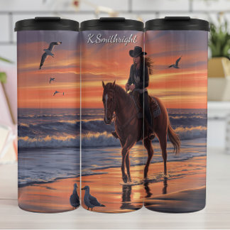 Cowgirl Beach Ride Sunset Gulls Thermal Tumbler