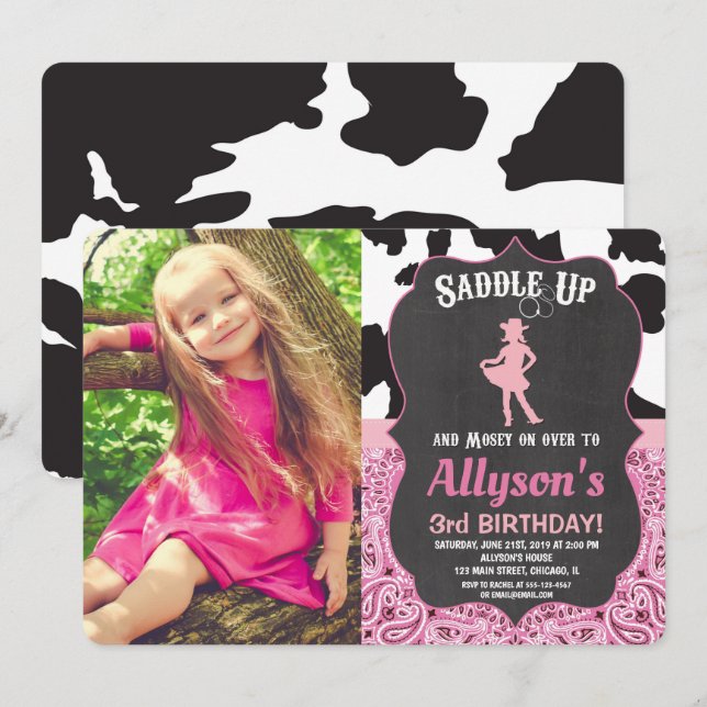 Cowgirl birthday bandanna cow print photo invitation (Front/Back)