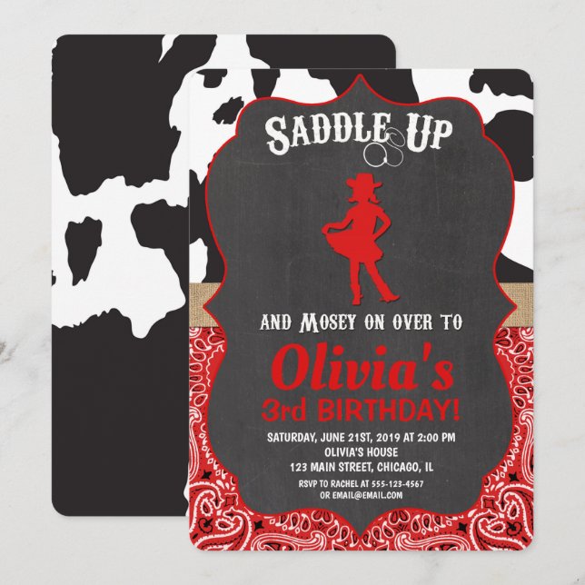 Cowgirl birthday invitation black red cow print (Front/Back)