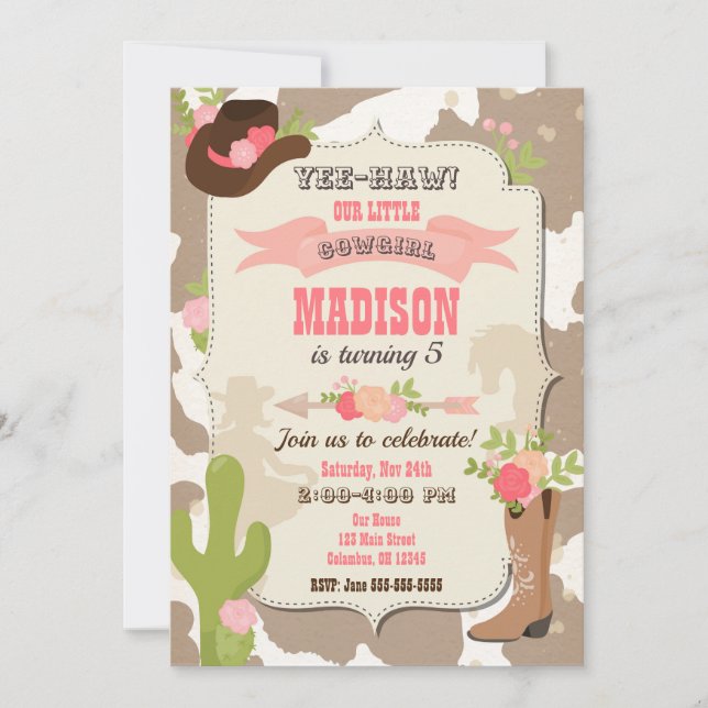 Cowgirl Birthday Invitation / Western Themed (Front)