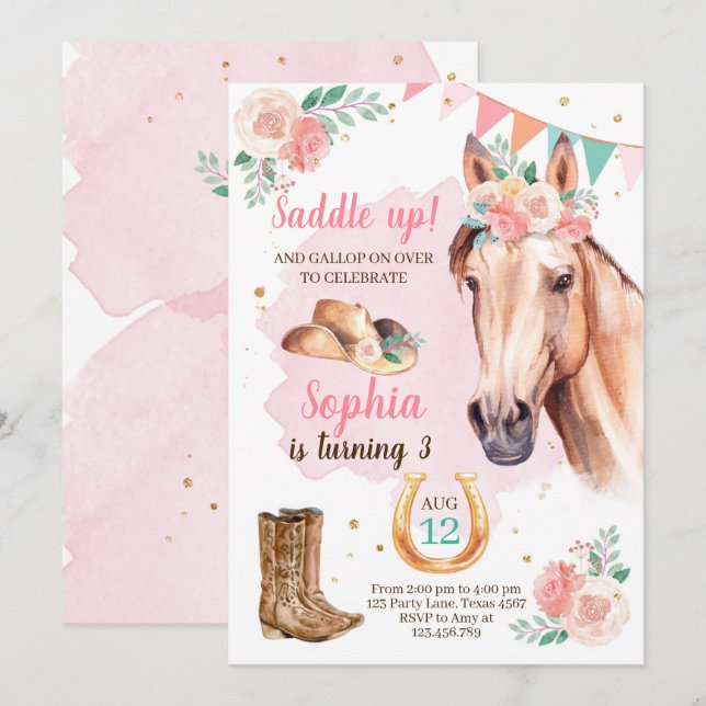 Cowgirl Birthday Invite Girl Horse Pink Watercolor (Front/Back)