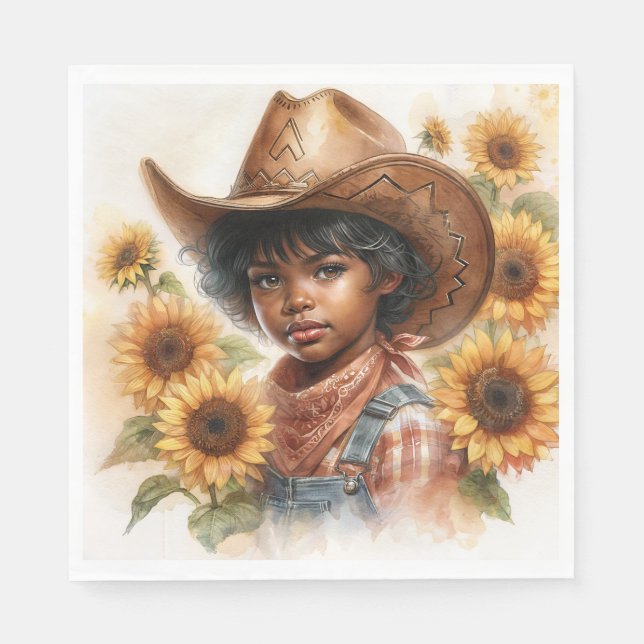 Cowgirl Black Child Sunflower Watercolor Napkin (Front)