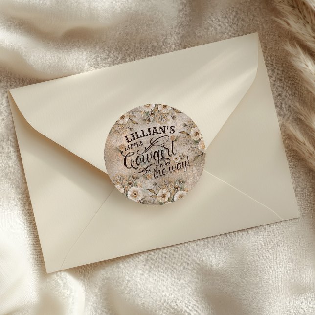 Cowgirl Boho Floral Western Script  Classic Round Sticker (A Cowgirl is on the Way Sticker with western script typography and boho floral elements)