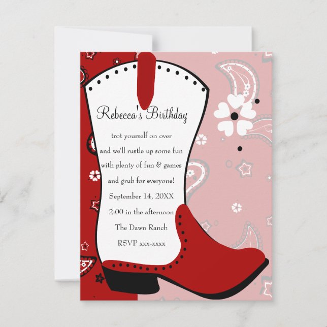 Cowgirl Boot Birthday Invitation (Front)