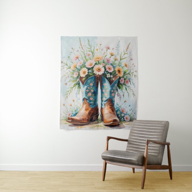 Cowgirl Boots and Flowers Tapestry | Wall Art (In Situ)