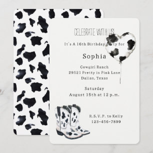 Cowgirl Boots Black White Cow Balloon Birthday Invitation