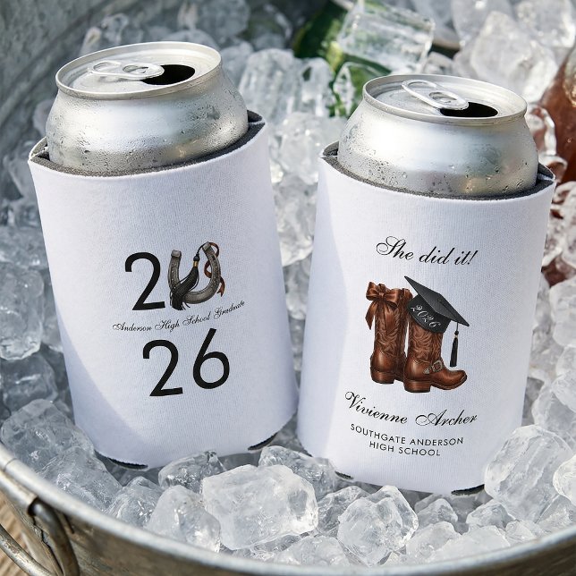 Cowgirl Boots & Graduation Cap Party Can Cooler (Country Chic Graduation Can Coolers )