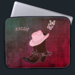Cowgirl Boots Hat Butterfly Burgundy Personalised Laptop Sleeve<br><div class="desc">A pair of cowgirl boots with spurs with a hat and pair of butterflies. The background is a denim texture in a wine red colour. Personalise by editing or deleting the text in the text box prior to checkout. Colour and style of text can be changed in the edit menu....</div>