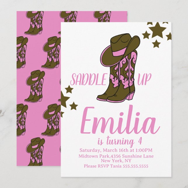 Cowgirl Boots Horse Themed Birthday Pink Invitation (Front/Back)