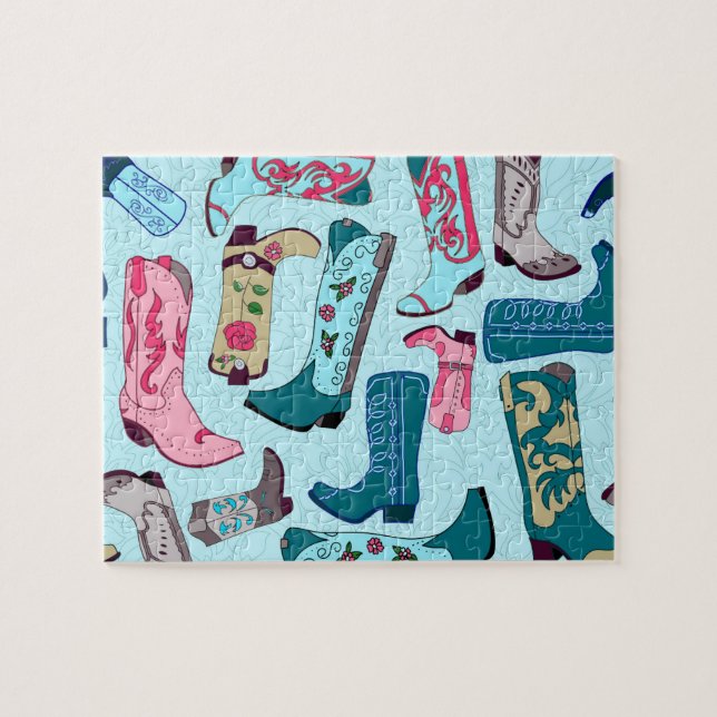 Cowgirl Boots on Blue Jigsaw Puzzle (Horizontal)