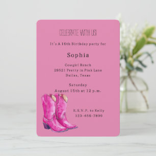 Cowgirl Boots Pink Black White Cow Print Birthday Invitation