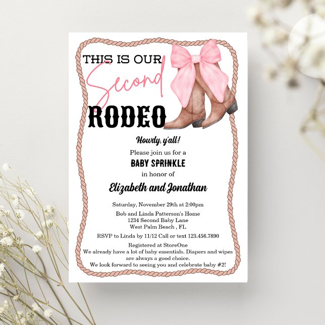 Cowgirl Boots Pink Bow Rodeo Second Baby Sprinkle Invitation (Creator Uploaded)
