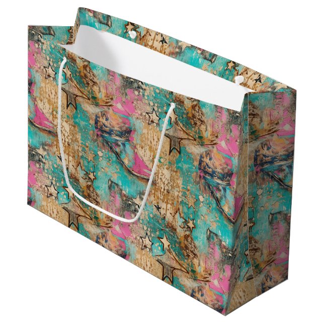 Cowgirl Boots Stars Retro Pattern Large Gift Bag (Front Angled)