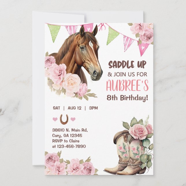 Cowgirl, brown horse, riding, girl birthday invite (Front)