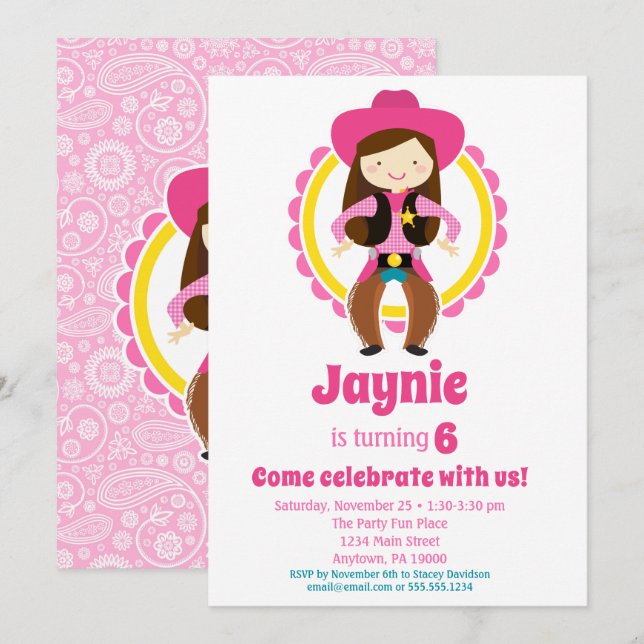 Cowgirl - Brunette Cute Cowgirl Birthday Party Invitation (Front/Back)