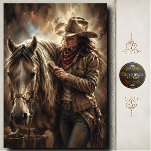 Cowgirl Brushing Horse Western Portrait Artwork Tissue Paper