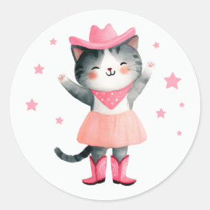 Cowgirl Cat  Pastel Pink Cute Watercolor Western Classic Round Sticker