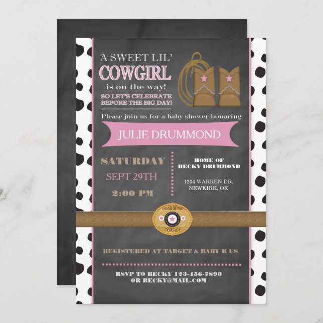 Cowgirl Chalkboard Baby Invitation in Pink (Front/Back)
