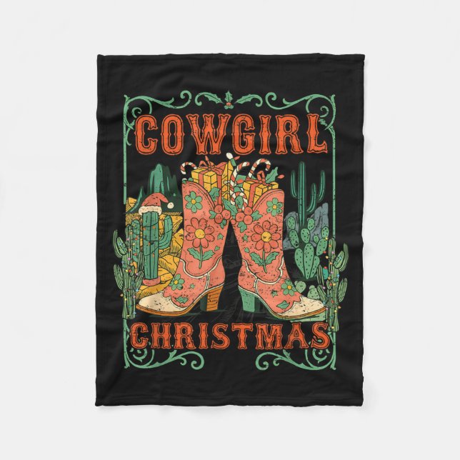 Cowgirl Christmas Boots Cactus Retro Western Holid Fleece Blanket (Front)