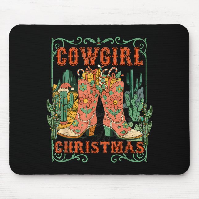 Cowgirl Christmas Boots Cactus Retro Western Holid Mouse Pad (Front)