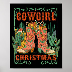 Cowgirl Christmas Boots Cactus Retro Western Holid Poster