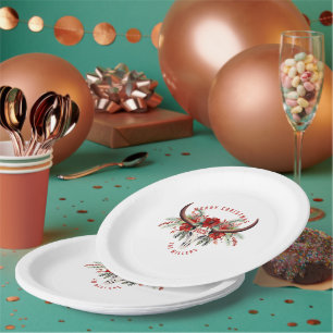 Cowgirl Christmas Floral Bull Sugar Skull Paper Plate