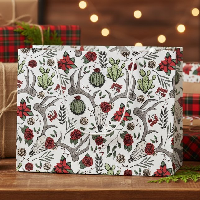 Cowgirl Christmas Floral Reindeer Skull Large Gift Bag (Country Xmas Gothic Reindeer Skulls, Roses, Succulents, Cacti, Berries Western Christmas Gift Bags)