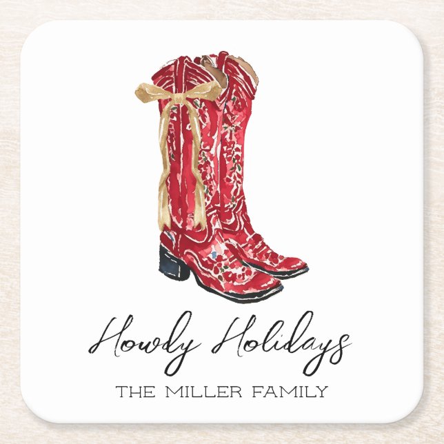 Cowgirl Christmas Watercolor Square Paper Coaster (Front)