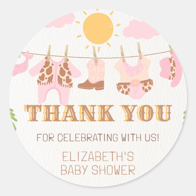 Cowgirl Clothesline Western Baby Shower Thank You Classic Round Sticker (Front)