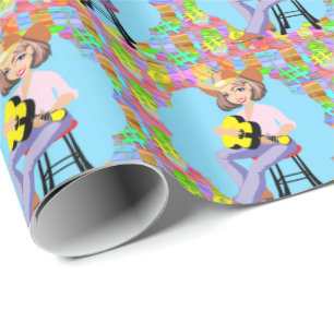 Cowgirl Country Western Singer With Yellow Guitar Wrapping Paper