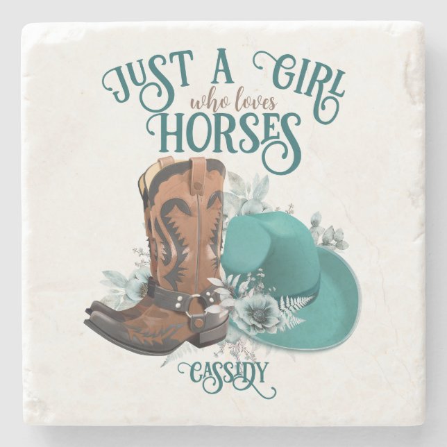 Cowgirl cowboy boots hat Girl Love horses name Stone Coaster (Front)