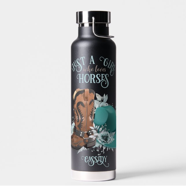 Cowgirl cowboy boots hat Girl Love horses name Water Bottle (Left)