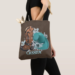 Cowgirl cowboy boots hat turquoise brown leather tote bag