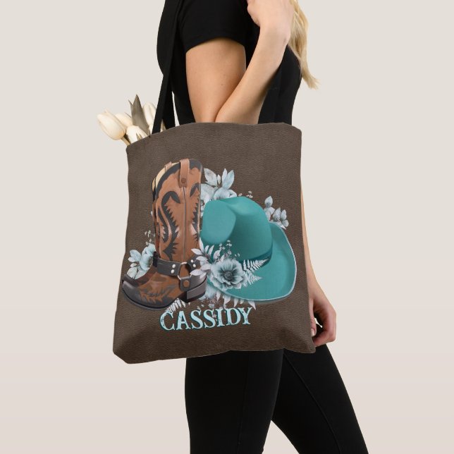 Cowgirl cowboy boots hat turquoise brown leather tote bag (Close Up)
