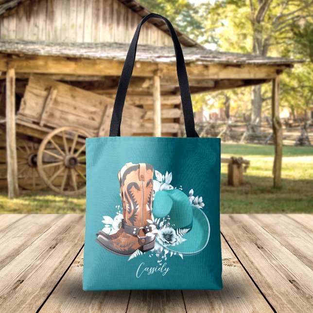 Cowgirl cowboy boots hat turquoise brown name tote bag (Personalized cowgirl, horse lover, western tote bag with cowboy boots, cowboy hat, turquoise, brown)