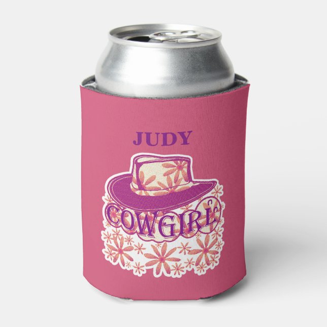 Cowgirl Cowboy Hat Flowers Pink/Name Judy Can Cooler (Can Front)