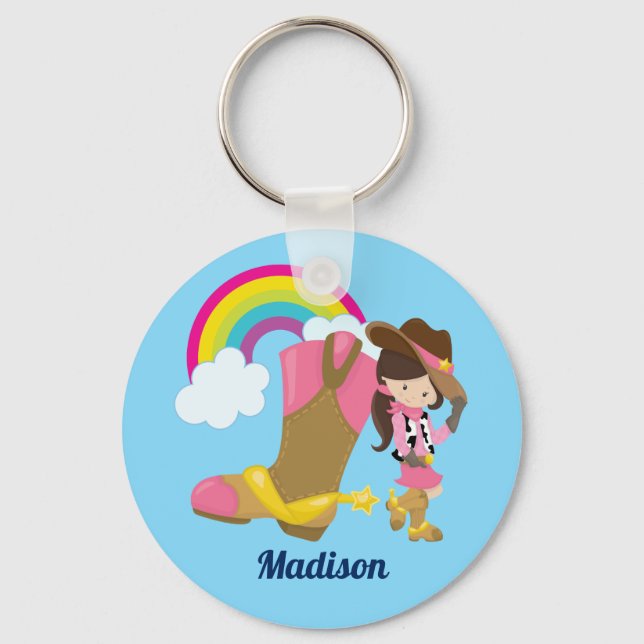 Cowgirl Cute Kids Rainbow Blue Monogram Girls Key Ring (Front)