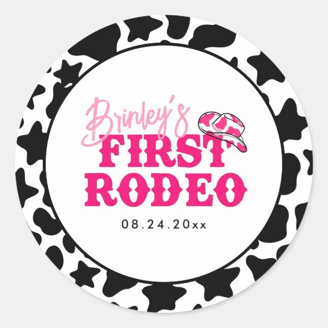 Cowgirl Disco Pink First Rodeo Classic Round Sticker (Front)