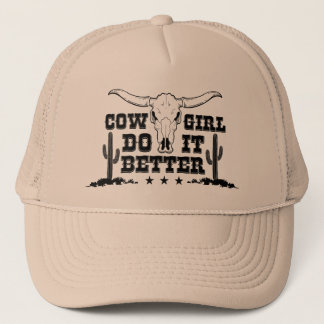 COWGIRL DO IT BETTER Cow skull with long horns art Trucker Hat