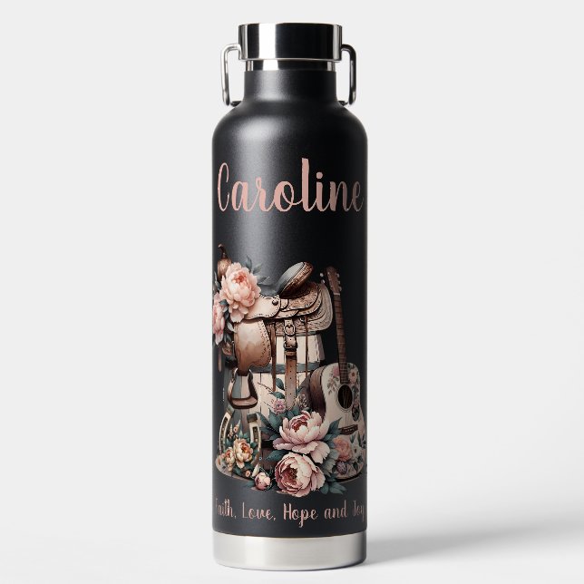 Cowgirl Dreams- Saddle, Horseshoe & Guitar Water Bottle (Front)